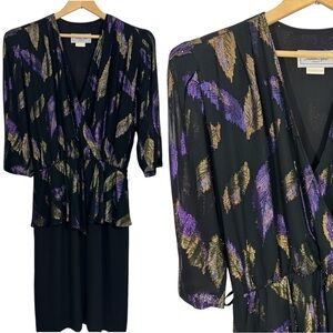 Vintage 80s 90s Cocktail Dress Sz 13/14 Black Sheer Peplum Sparkle Feather EUC!